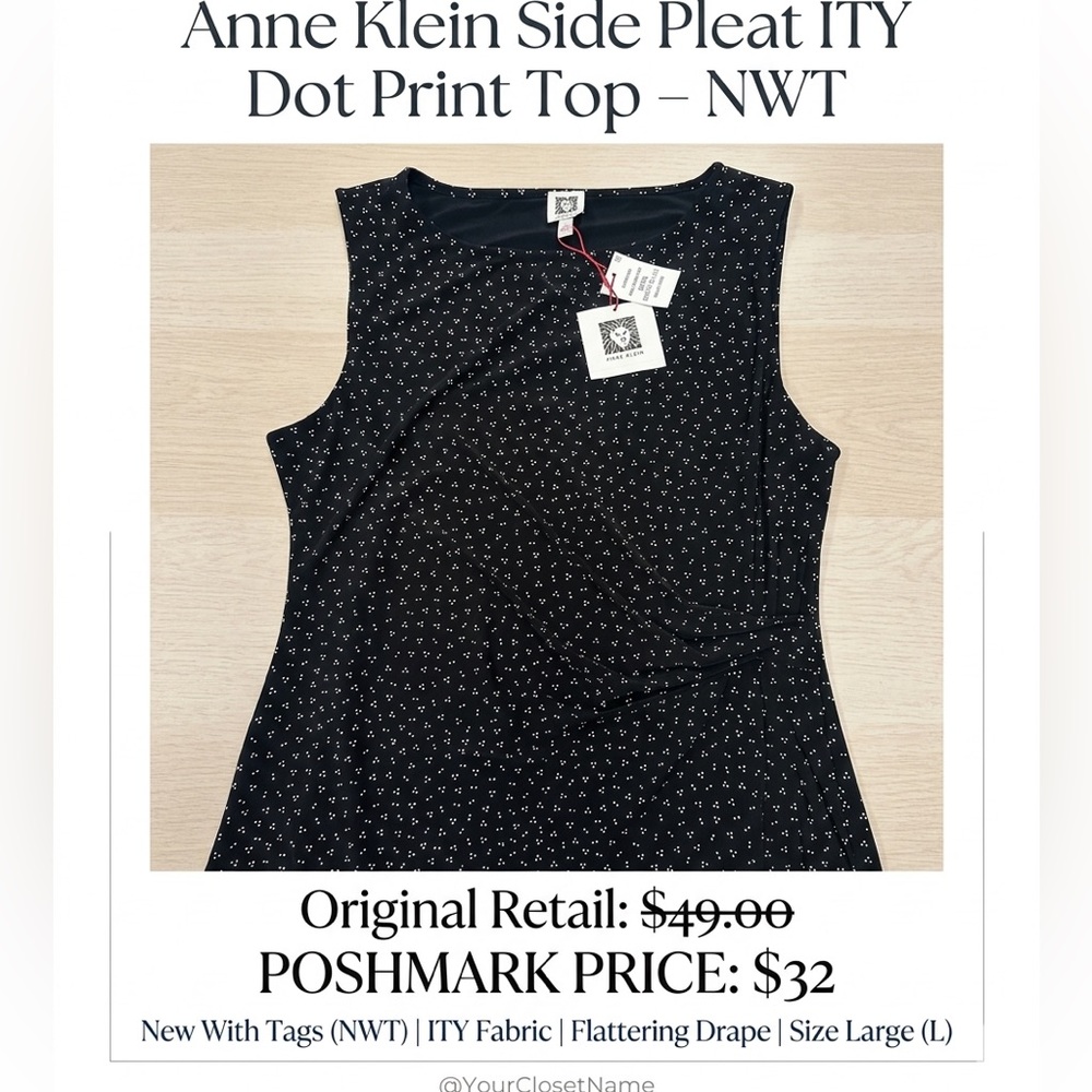 Anne Klein Black Polka Dot Side Pleat Stretchy Sleeveless Blouse NWT Large - Picture 2 of 13